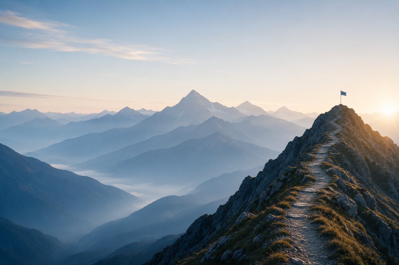 Zielorientierter Weg über einen Bergkamm zu einer Gipfelfahne