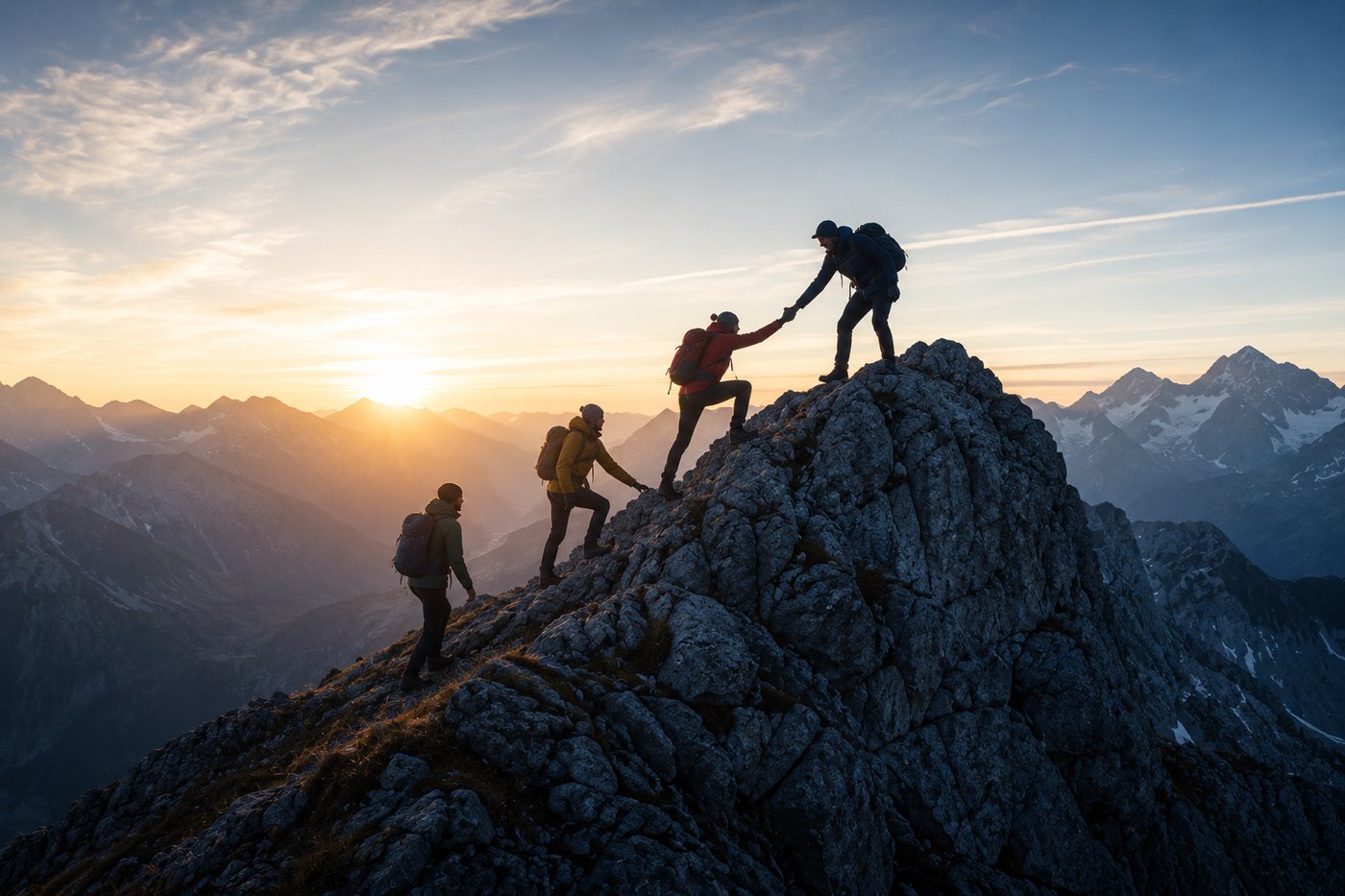 Bergteam, das sich gegenseitig beim Erreichen eines gemeinsamen Ziels unterstützt